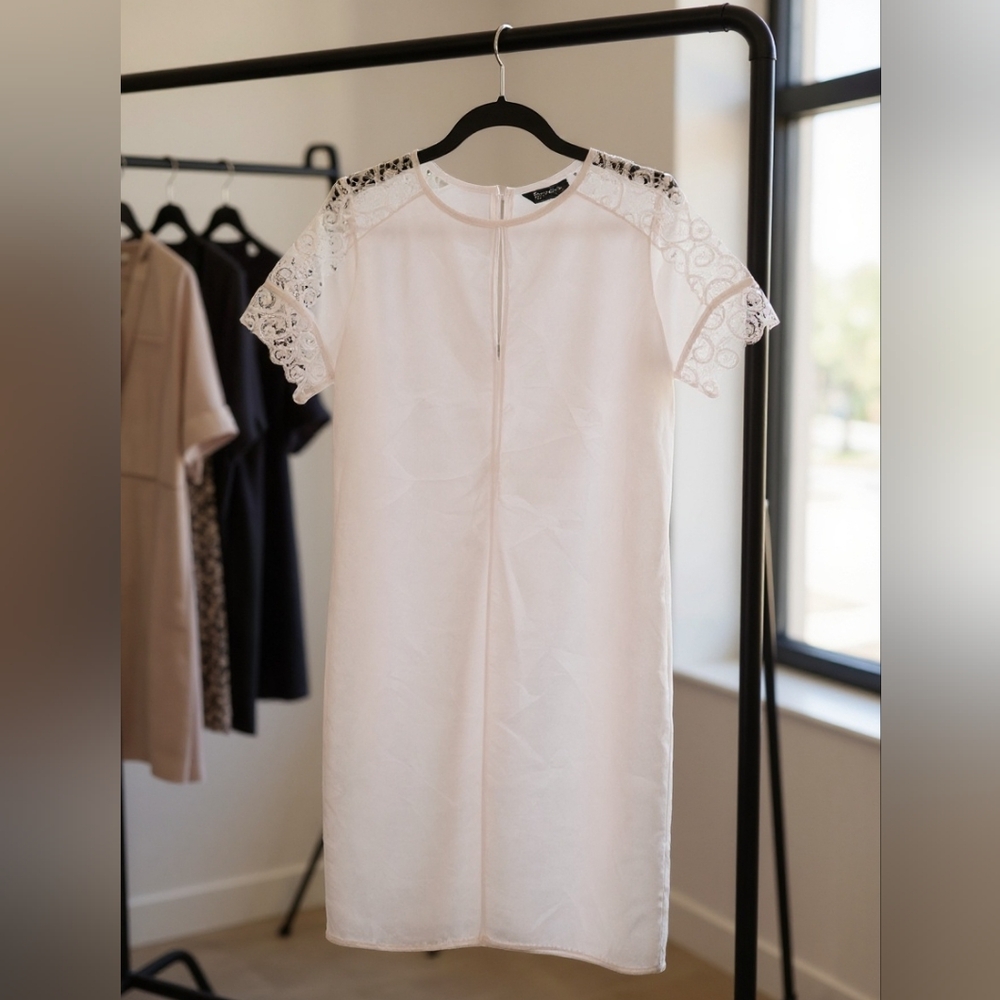 Zara White Lace Sleeve Dress with Zipper Back Size Large
